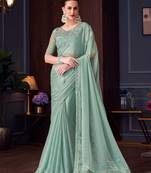 Sea green soft silk blend embroidered saree with unstitched blouse piece