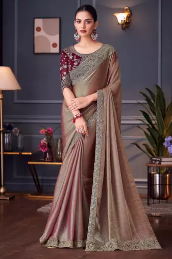 Beige soft silk blend embroidered saree with unstitched blouse piece