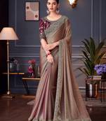 Beige soft silk blend embroidered saree with unstitched blouse piece