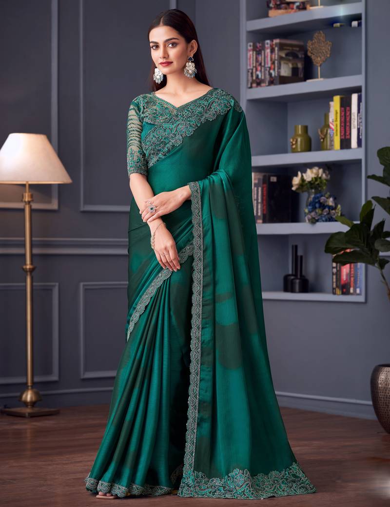 Turquoise satin embroidered saree with unstitched blouse piece