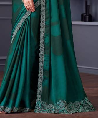 Turquoise satin embroidered saree with unstitched blouse piece 3