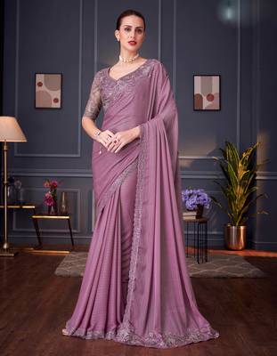 Lavender soft silk blend embroidered saree with unstitched blouse piece 1