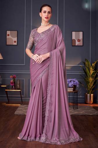 Lavender soft silk blend embroidered saree with unstitched blouse piece