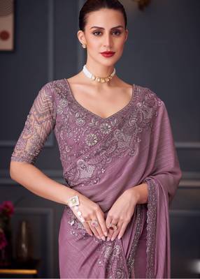 Lavender soft silk blend embroidered saree with unstitched blouse piece 2