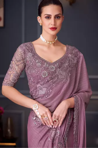 Lavender soft silk blend embroidered saree with unstitched blouse piece