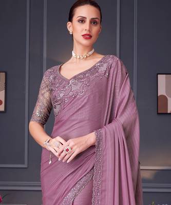 Lavender soft silk blend embroidered saree with unstitched blouse piece 4