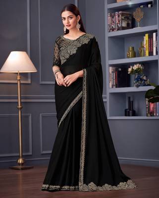 Black satin chiffon embroidered saree with unstitched blouse piece 1