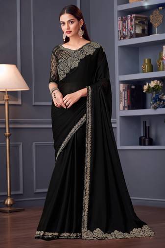 Black satin chiffon embroidered saree with unstitched blouse piece