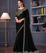 Black satin chiffon embroidered saree with unstitched blouse piece