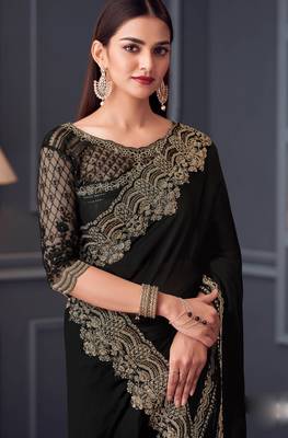 Black satin chiffon embroidered saree with unstitched blouse piece 2