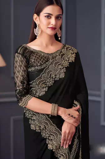 Black satin chiffon embroidered saree with unstitched blouse piece