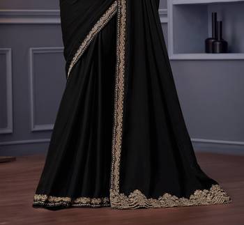 Black satin chiffon embroidered saree with unstitched blouse piece 3