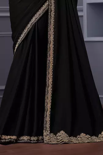 Black satin chiffon embroidered saree with unstitched blouse piece