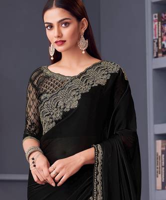 Black satin chiffon embroidered saree with unstitched blouse piece 4