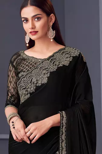 Black satin chiffon embroidered saree with unstitched blouse piece
