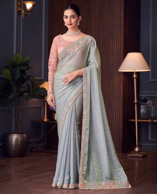 Grey chiffon embroidered saree with unstitched blouse piece 1