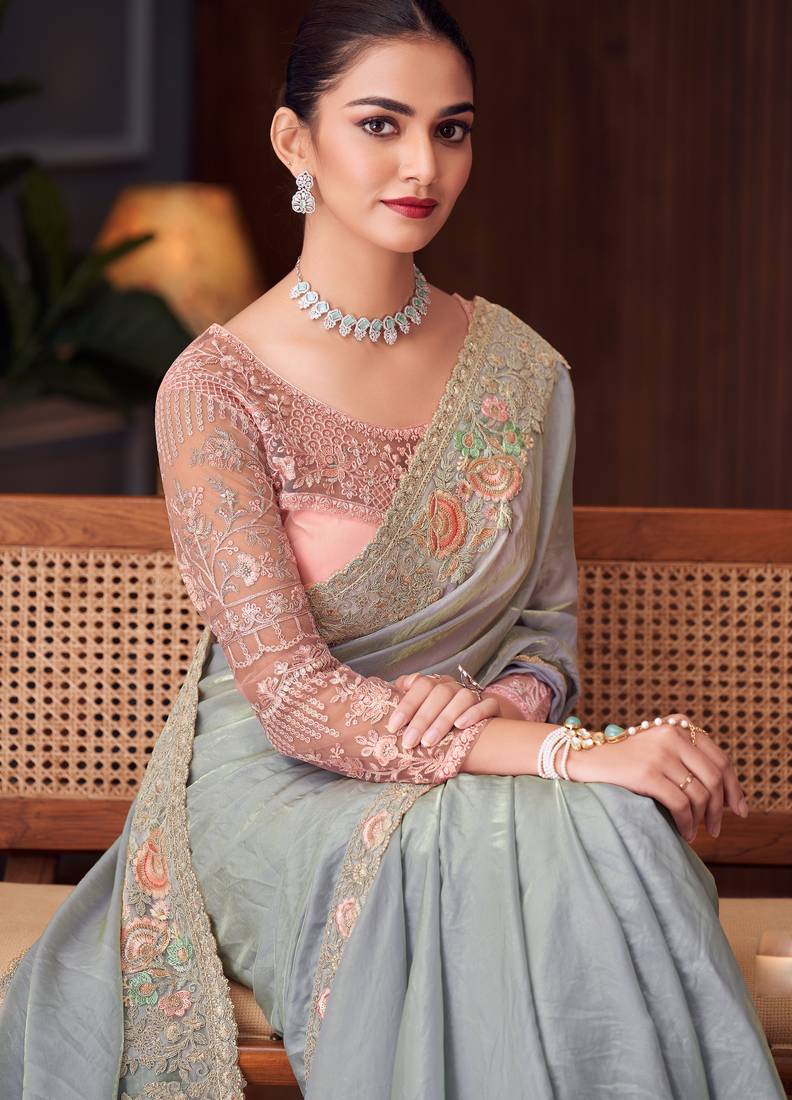 Grey chiffon embroidered saree with unstitched blouse piece
