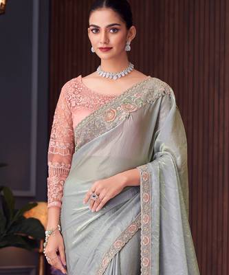 Grey chiffon embroidered saree with unstitched blouse piece 4