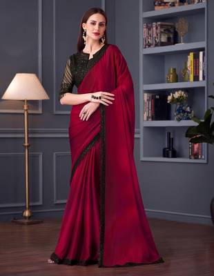 Magenta chiffon embroidered saree with unstitched blouse piece 1