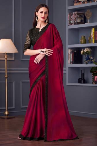 Magenta chiffon embroidered saree with unstitched blouse piece