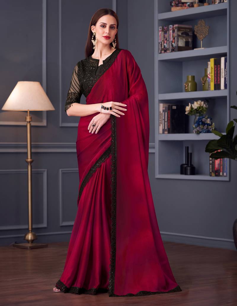 Magenta chiffon embroidered saree with unstitched blouse piece