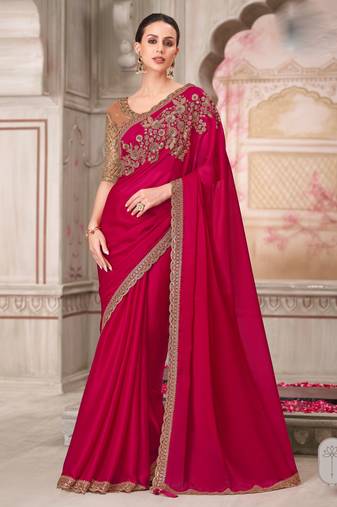 Magenta soft silk blend embroidered saree with unstitched blouse piece