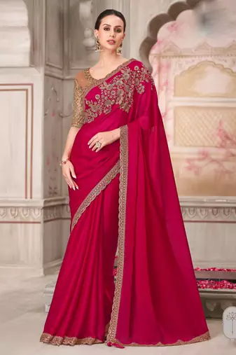 Magenta soft silk blend embroidered saree with unstitched blouse piece