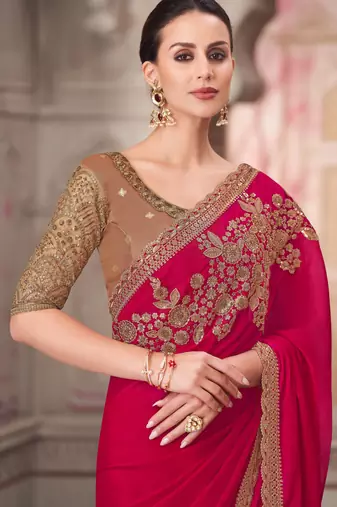 Magenta soft silk blend embroidered saree with unstitched blouse piece