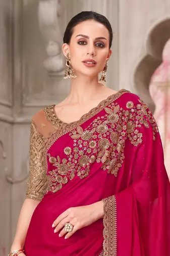 Magenta soft silk blend embroidered saree with unstitched blouse piece