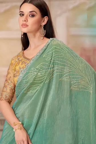 Mint soft silk blend embroidered saree with unstitched blouse piece