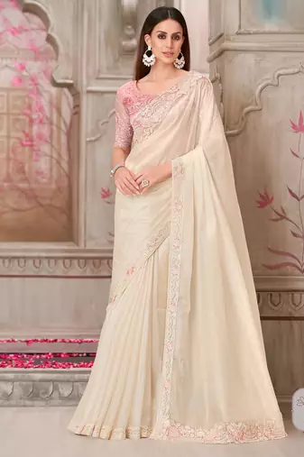 Cream soft silk blend embroidered saree with unstitched blouse piece