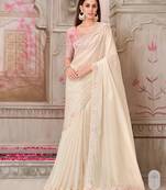 Cream soft silk blend embroidered saree with unstitched blouse piece