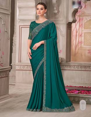 Teal soft silk blend embroidered saree with unstitched blouse piece 1