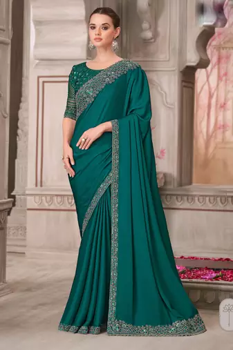 Teal soft silk blend embroidered saree with unstitched blouse piece