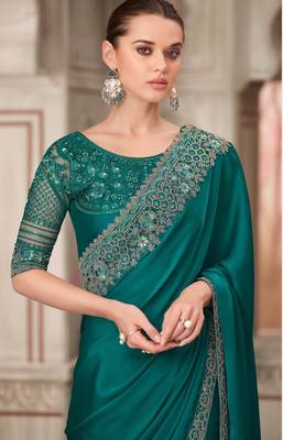 Teal soft silk blend embroidered saree with unstitched blouse piece 2