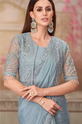 Sky blue soft silk blend embroidered saree with unstitched blouse piece