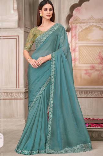 Turquoise soft silk blend embroidered saree with unstitched blouse piece