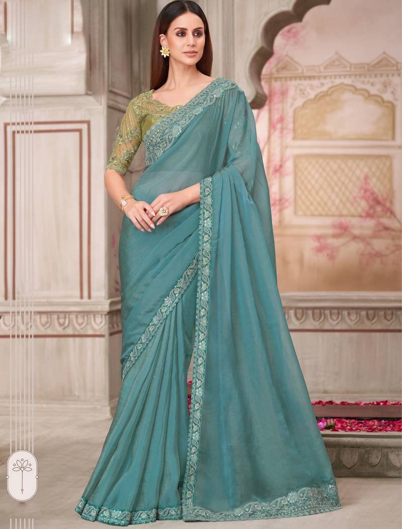 Turquoise soft silk blend embroidered saree with unstitched blouse piece