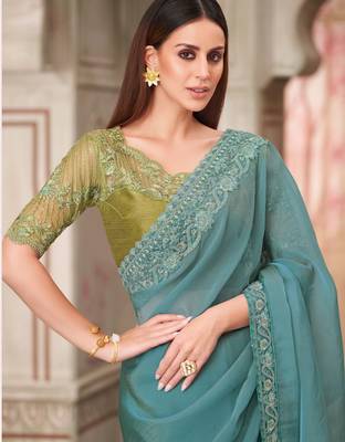 Turquoise soft silk blend embroidered saree with unstitched blouse piece 2