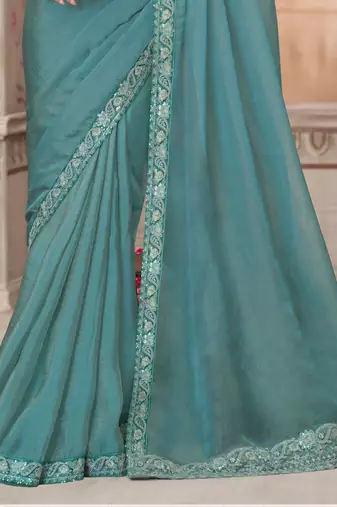 Turquoise soft silk blend embroidered saree with unstitched blouse piece