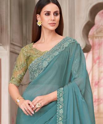 Turquoise soft silk blend embroidered saree with unstitched blouse piece 4