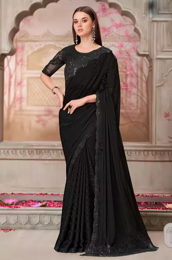 Black soft silk blend embroidered saree with unstitched blouse piece