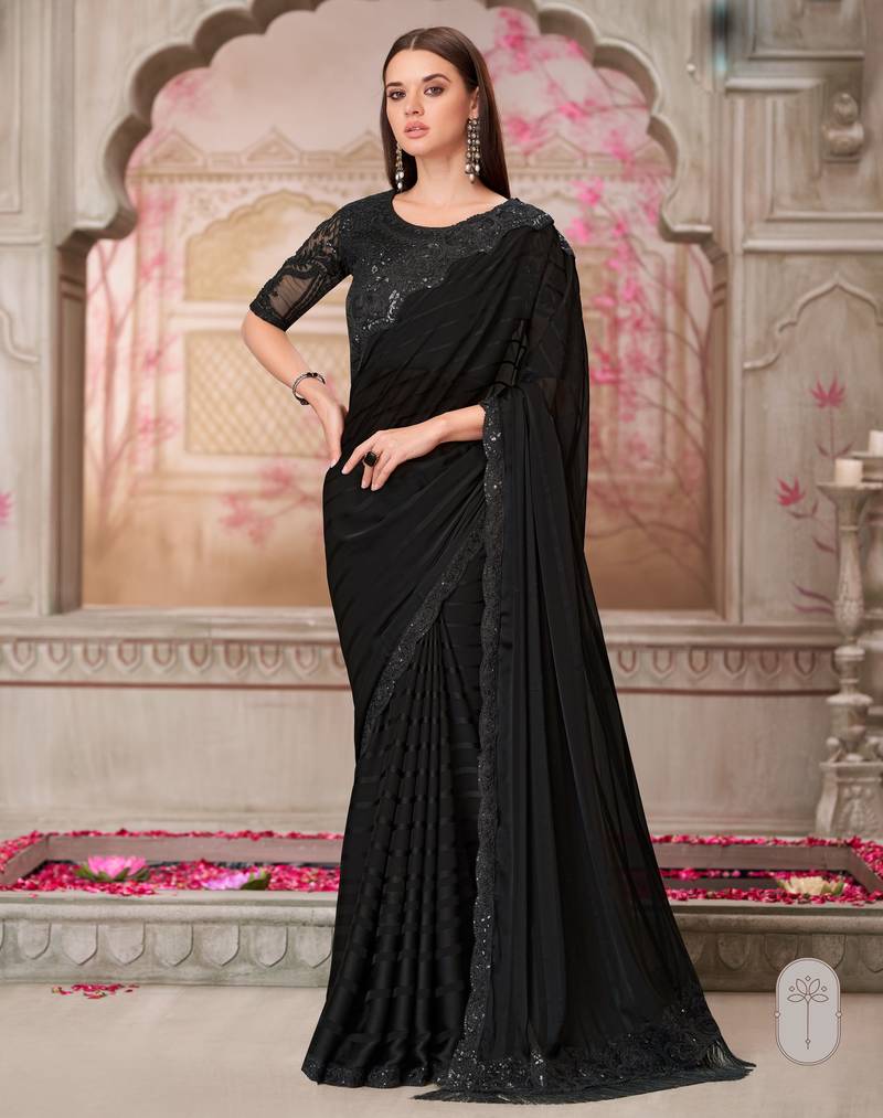 Black soft silk blend embroidered saree with unstitched blouse piece
