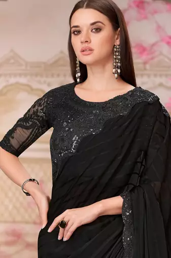 Black soft silk blend embroidered saree with unstitched blouse piece
