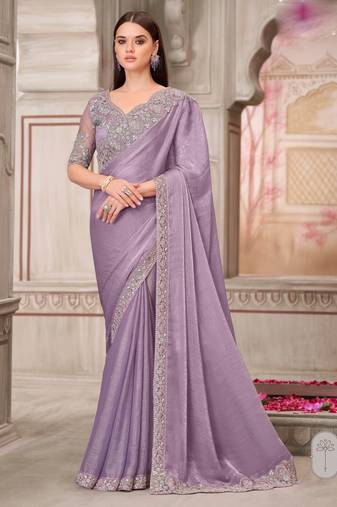 Lavender soft silk blend embroidered saree with unstitched blouse piece
