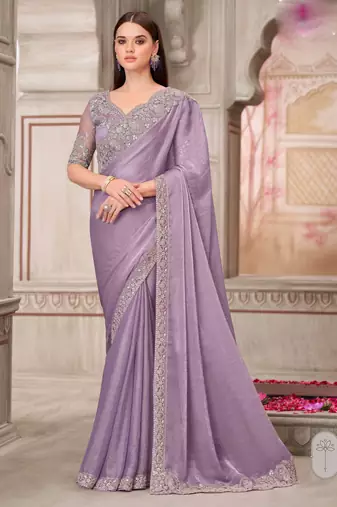 Lavender soft silk blend embroidered saree with unstitched blouse piece