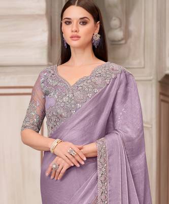 Lavender soft silk blend embroidered saree with unstitched blouse piece 4