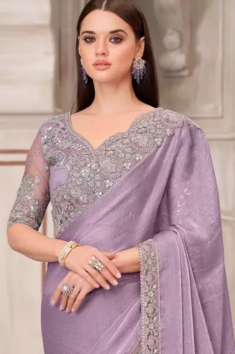 Lavender soft silk blend embroidered saree with unstitched blouse piece