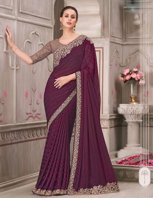 Wine soft silk blend embroidered saree with unstitched blouse piece 1