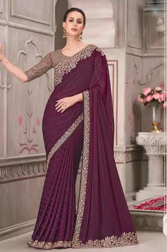 Wine soft silk blend embroidered saree with unstitched blouse piece